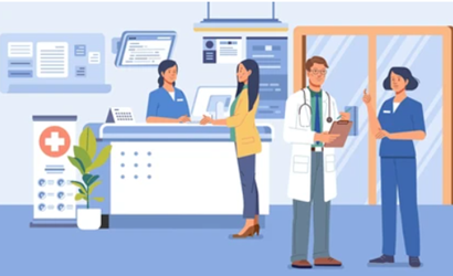  Modern clinic reception with staff, a doctor holding a clipboard, and a patient checking in.