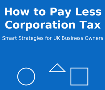 A blue business poster showing the text “How to Pay Less Corporation Tax” with minimal financial icons