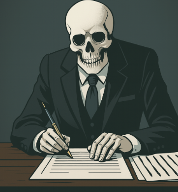 Illustration of a skeleton in a business suit writing on financial papers, highlighting the importance of expert support from accountants Bolton.