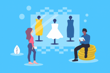 A flat-style digital illustration showing a woman viewing three dresses displayed on mannequins in a shop window, while a man sits on a stack of coins using a tablet. The scene represents work uniforms, clothing expenses and tax relief, often explained by accountants in Manchester.