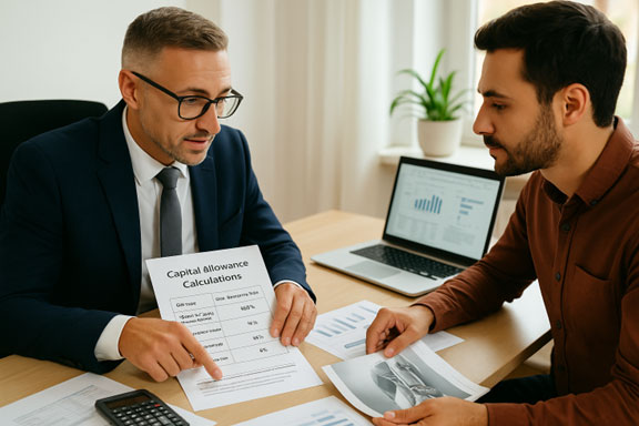 UK accountant explaining capital allowances on business cars to client
