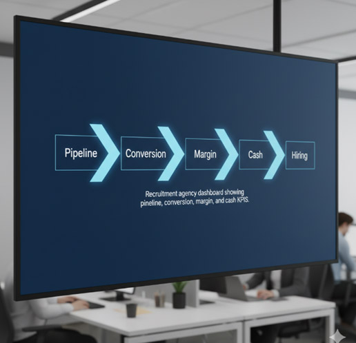 Recruitment agency dashboard showing pipeline, conversion, margin, and cash KPIs.