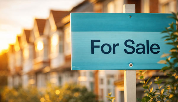 This image shows a For Sale sign outside UK terraced homes, highlighting the need for expert Capital Gains Tax advice from accountants in Bolton when selling a second property.