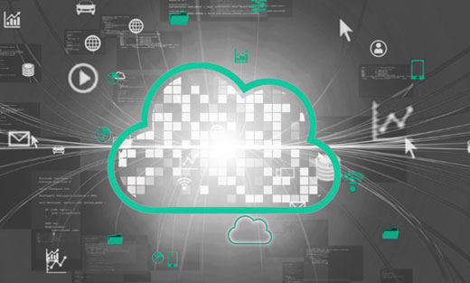 A stylized digital graphic showing a large yellow cloud at the centre, with abstract data lines and icons (folders, mobile screen, graphs, Wi-Fi) radiating outward—representing cloud computing and integrated data systems in a vibrant, modern design.