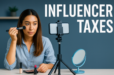 A young female social media influencer recording a makeup tutorial on her smartphone, mounted on a tripod, with beauty products visible in the foreground. The scene represents influencers creating content that may generate taxable income, highlighting the importance of understanding HMRC tax rules for online creators
