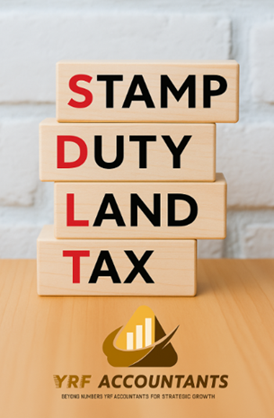 Wooden blocks stacked to spell Stamp Duty Land Tax on a desk with the YRF Accountants logo below, representing property tax guidance provided by accountants in Bolton.